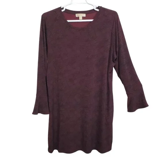 Michael Kors 2X Dress Reptile Print Long Sleeve Bell Cuffs Stretchy Burgundy - Picture 2 of 12